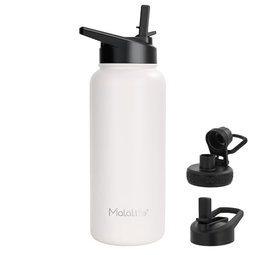 Water Bottle, BPA Free Insulated Stainless Steel, 32oz, Dual lids, Keep Cold 24H, Large Flask, Wide Mouth, Double Wall Metal Sport Drink Bottle, Camping, Gym, Hiking, Cream White - color: Cream White