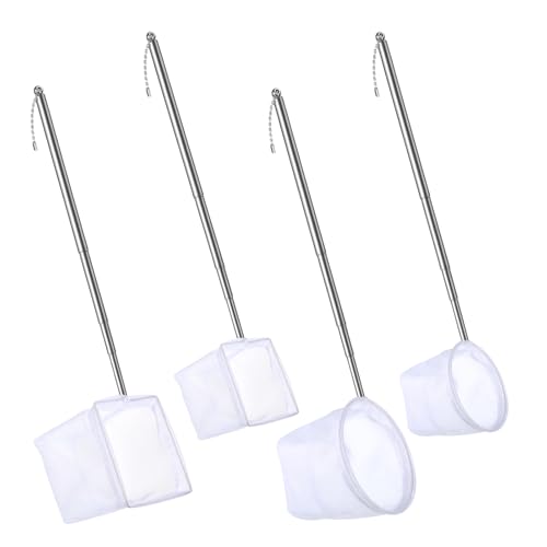 4 PCS Fish Tank Shrimp Net Extendable Handle, Aquarium Stainless Steel Small Fishing Net with Adjustable Handle Fishtank Nets Small Nets for ShrimpFish Circle Square Brine ShrimpNet for Aquarium