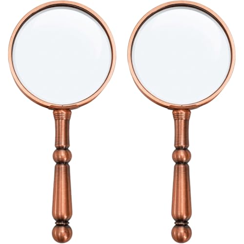 2 Pcs 6X Antique Magnifying Glass for Reading, Handheld Magnifier with Metal Handle, Portable Magnifying Lens for Books and Newspaper, Science Class, Observation