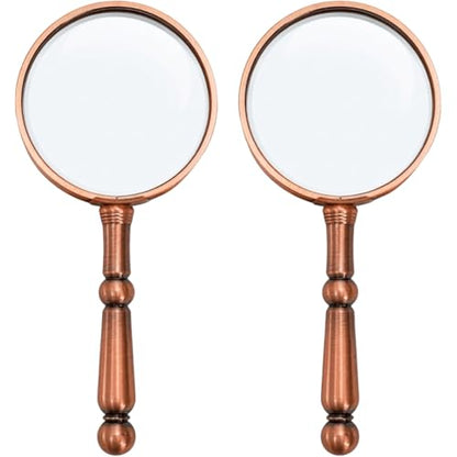 2 Pcs 6X Antique Magnifying Glass for Reading, Handheld Magnifier with Metal Handle, Portable Magnifying Lens for Books and Newspaper, Science Class, Observation