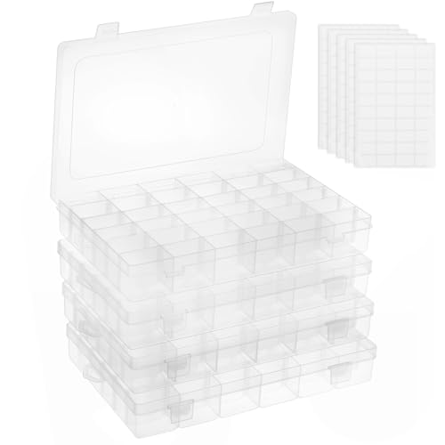 4 Pack 36 Grids Plastic Bead Organizer Box with Dividers, Clear Craft Tackle Box Parts Storage Containers with Compartments for Jewelry Fishing Tackle Art DIY with 5 Sheets Label Stickers - color: 4 Pack