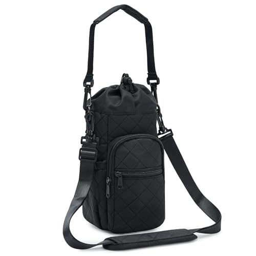 sportsnew 40oz Insulated Crossbody Water Bottle Bag Gym Hiking Phone Pocket - color: Quilt Black