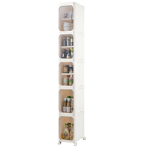 5-Tier Narrow Storage Cabinet Slim Bathroom Storage Cabinet with Movable Wheels Tall Bathroom Organizer Skinny Cabinet for Small Spaces，Beige - color: Beige, size: 5-tier