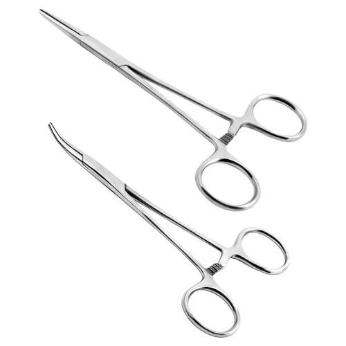 Ainiv 2 Piece Hemostat Curved and Straight Stainless Steel Self-Locking Fishing Forceps Piercing Remover Tool Piercing Grabber Tool for Nurses Pet Grooming Care Fishing DIY Crafting(7") - color: 2pcs Silver(straight+curved), size: 7"