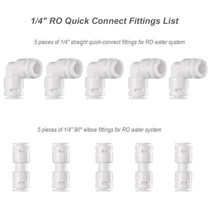 10-Pack 1/4" OD Quick Connect Fittings Kit - 5 Straight Couplers & 5 Elbows for RO Water Filter/Ice Maker