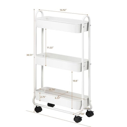 SunnyPoint Slim Rolling Storage Cart, 3 Tier Bathroom Storage Organizer Bathroom, Laundry Utility Cart (White)