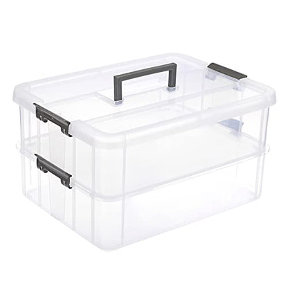 JUXYES 2-Tiers Stack Carry Storage Box With Handle, Transparent Stackable Storage Bin With Handle Lid Latching Storage Container for School & Office Supplies