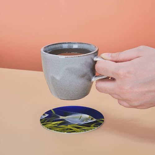 Cup Coaster Set for Home Decor Tabletop Protection Cup Mat PadRound Coasters for Drinks Set of 6 PU Leather Aquarium AngelfishCoasters with Holder 4" Drink Coasters for Coffee Table