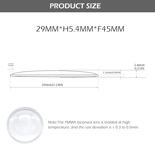 Double Convex Lens - 29mm Diameter, 45mm Focal Length, Optical biconvex Lens for Physics Experiments, Photography, Magnifying, and DIY Projects - Pack of 5pcs (29mm x H5.4mm x F45) - size: 29mm x H5.4mm x F45