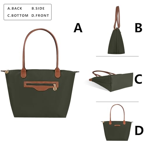 Waterproof Nylon Tote bag for Women Lightweight Designer Handbag with Zipper Stylish and Durable Purse - color: Dark Green, size: Medium