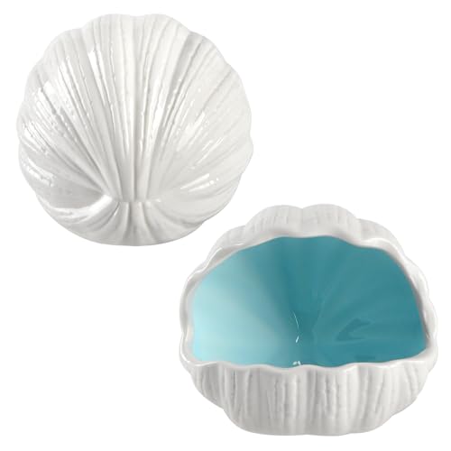 Cute Betta Fish Tank Accessory Decorations Ceramic Conch Shell-Shaped House Aquarium Decor Thematic Ornament Hideout Cave for Shrimp Fish Playing or Hiding (Blue, Small with 50pcs Pearl)