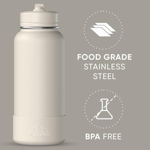 Hydrapeak 32oz Sport Insulated Water Bottle with Straw Lid, Leak & Spill Proof, Keeps Drinks Cold for 24 Hours, Hot for 12 Hours, Premium Stainless Steel Water Bottles (32oz, Stone) - color: Stone