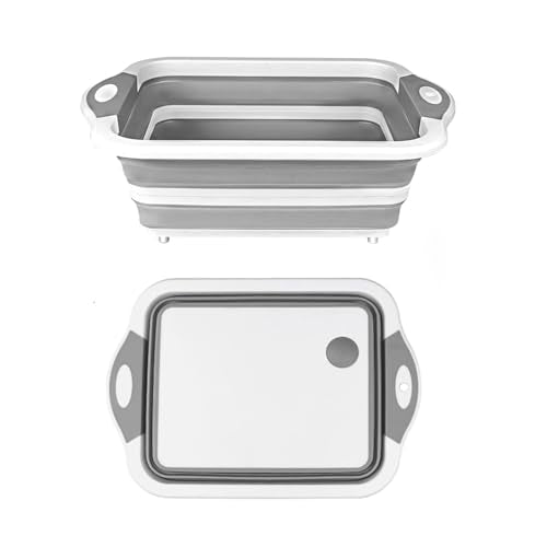 Camping Collapsible Cutting Board Dish Basin BBQ Prep Tub Camp Sink Dish Washing Station Multifunctional Storage Basket(Grey white) - color: Grey white