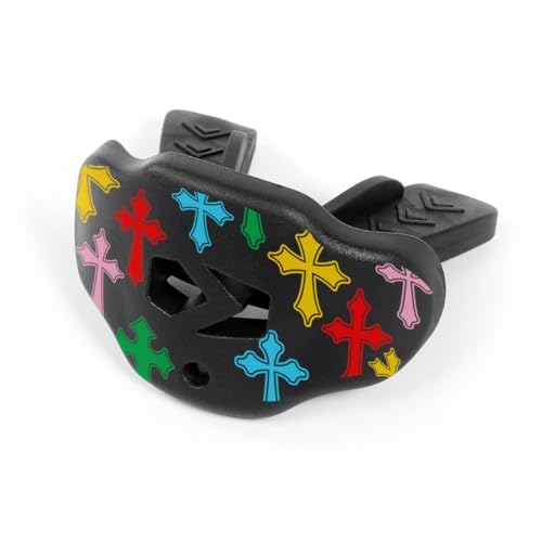 SLEEFS Classic Football Mouthguard with Bold Designs and Removable Strap - color: Crosses Chroma Black