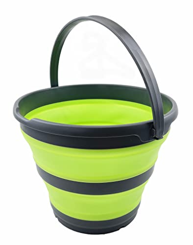 SAMMART 10L (2.6 Gallon) Collapsible Plastic Bucket - Foldable Round Tub - Portable Fishing Water Pail - Space Saving Outdoor Waterpot, Size 33cm Dia (Grey/Grass Green) - color: Grey/Grass Green