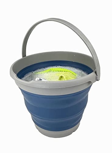 SAMMART 10L (2.6 gallons) Collapsible Plastic Bucket - Foldable Round Tub with Handle- Portable Fishing Bucket/Water Pail - Pop Up Saving (Grey/Mist Blue (Set of 2)) - color: Grey/Mist Blue (Set of 2)