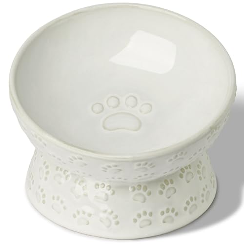 Ceramic Cat Food Bowl, 15°Tilted Raised Cat Food Bowl 5oz (Vintage White)