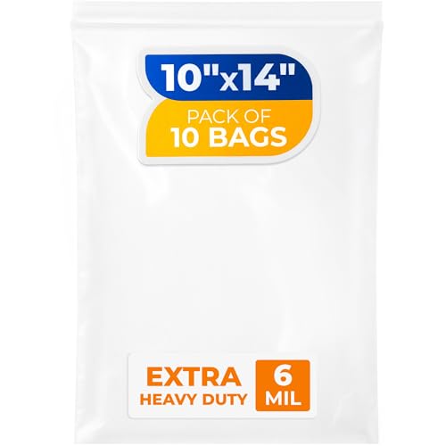 10" x 14" Reclosable Plastic Zip Bags, Pack of 10, 6 Mil Heavy-Duty Clear Poly Bags, Resealable for Food, Clothes, Hardware, Jewelry - size: 10"W x 14"H