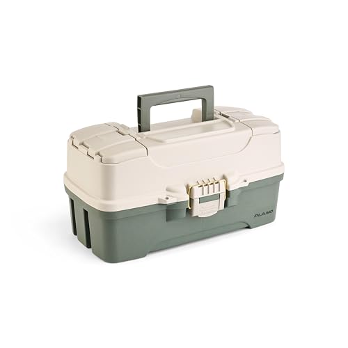 Plano Three-Tray Tackle Box Bass Kit, Tan/Green, Rust-Proof Brass Latch, Top-Access Tray Compartments with Deep Storage, Made in the USA, Portable Fishing Gear Storage Organizer - style: Bass