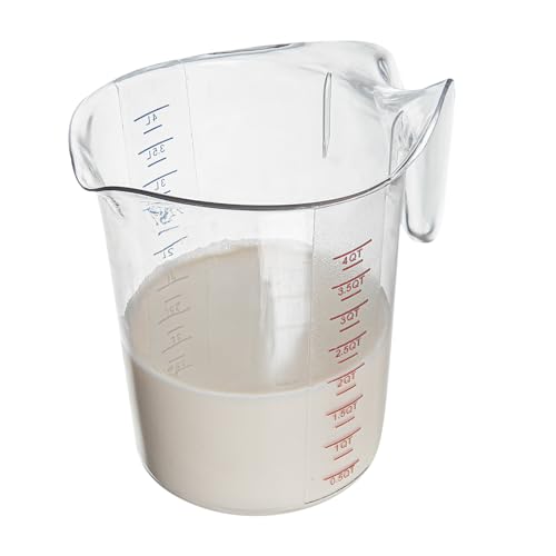 Restaurantware RW Base 4 Quart Measuring Jar 1 Durable Measuring Beaker - Metric And Imperial Units V-Shaped Spout Clear Plastic Measuring Cup Handle With Thumb-Grip Tolerates Up To 248F - color: Clear, size: 9.50" × 7.25" × 9.50"