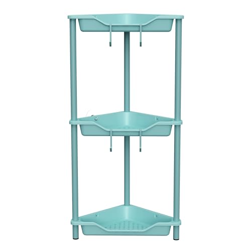 Orimade Rustproof 3 Tier Floor Standing Corner Shower Caddy Organizer, Plastic Metal Splicing Floor Corner Shelf Rack Stands for Bathroom, Blue - color: Blue, size: 3 Tier