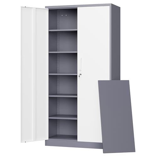 Metal Storage Cabinet with Lock Door and 5 Shelves,6 Tier Steel Garage Tool Cabinet for Home Office Utility Room 72" H X 36" W X18 D (White Gray) - color: Grey White, size: 72 X 36 X 18 In(H X W X D)