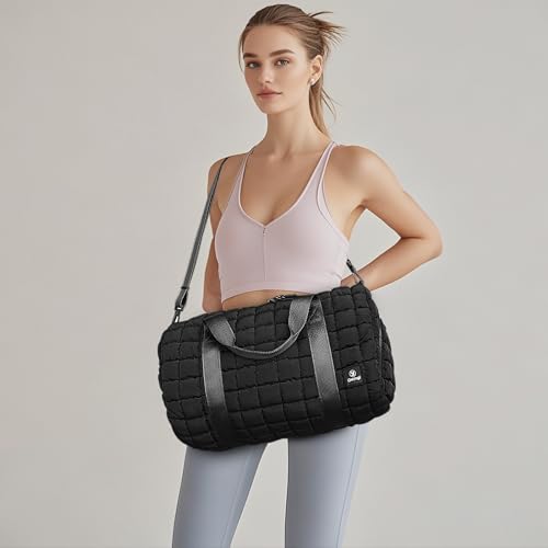 Quilted Gym Bag for Women,Duffle Bag for Travel with Wet Pocket,Carry on Weekender Bags for Women,Travel Bag with Shoe Compartment(Black) - color: Black