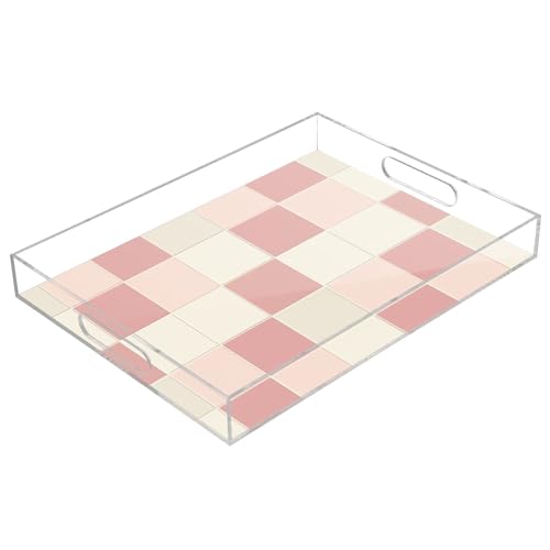 Acrylic Tray Clear Serving Vanity Ottoman Bathroom Coffee Table Countertop Organizer Raised Edge Spill Proof Pink Beige Check Pattern - color: Pink Beige Check Pattern
