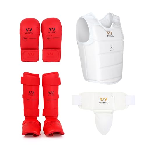 Wesing Karate Protective Gears Set with Chest Guard Gloves Groin Protection and Shin Instep Guard for Men - color: Red, size: Small
