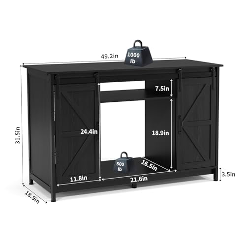 VOWNER Farmhouse 55-75 Gallon Fish Tank Stand with Power Outlet, Aquarium Stand with Storage Cabinet and Sliding Barn Door, Heavy Duty Reptile Tank Stand, for 2 Tanks, 1000LBS Capacity, Black