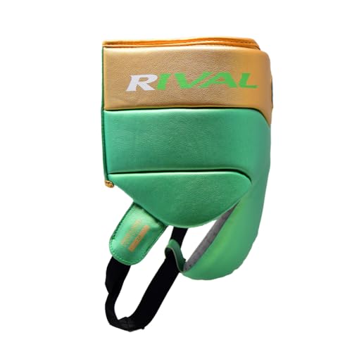 RIVAL Boxing RNFL100 Professional No-Foul Groin Protector with Laces, Dual Waist Straps, Ultra-Lightweight Construction, and Super-Rich Microfibre PU - color: Green/Gold, size: X-Large
