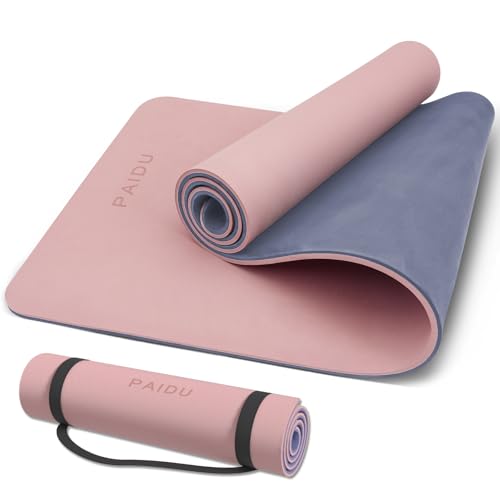 PAIDU POE Yoga Mat （10mm）Extra Thick Fitness Mat 72"x24" with Carry Strap | Non-slip, tear-resistant and suitable for all ages, perfect for yoga, Pilates, home gym and full-body workouts. - color: Deep Pink+Grey