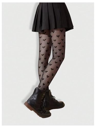 Women's Floral Lace Fishnet Tights Kawaii Y2K See Through Stockings Leggings - color: Heart Black, size: Small