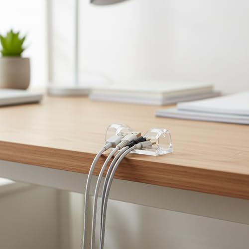 Self-Adhesive Cable Clips for Cord Management, Clear PP Plastic Wire Holders for Desk Edge and Wall