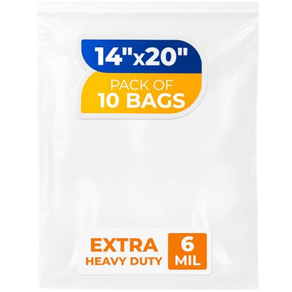 14" x 20" Reclosable Plastic Zip Bags, Pack of 10, 6 Mil Heavy-Duty Clear Poly Bags, Resealable for Food, Clothes, Hardware, Jewelry - size: 14"W x 20"H