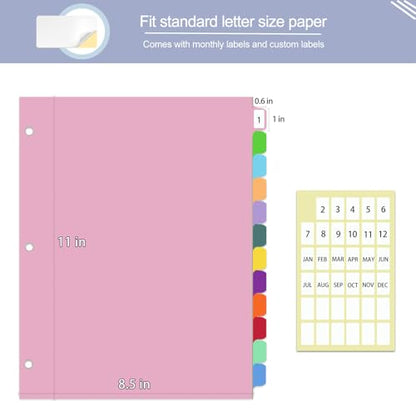 12-Tab Dividers for 3 Ring Binder,Plastic Biner Dividers with Tab, Monthly Divider Sets, 12 Tabs, Jan-Dec,File tabs,Multicolor,3 Sets