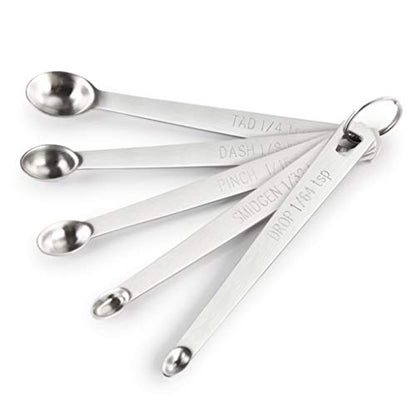 New Star Foodservice 42924 Stainless Steel Mini Measuring Spoons Set, 5-Piece Small Metal Measuring Spoon Set for Spices, Baking, Cooking, Dash, Pinch, Smidgen, Drop, Tad, Silver