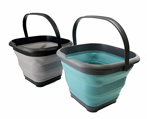 SAMMART 8.5L (2.2 Gallon) Collapsible Square Handy Bucket/Foldable SquareWater Pail/Portable Tub with Handle. Size 31cm (Square) (Alloy Grey + Crystal Blue (Set of 2)) - color: Alloy Grey + Crystal Blue (Set of 2)