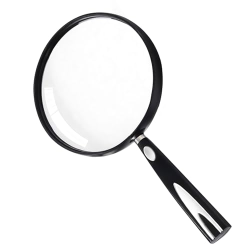 Handheld Reading Magnifier, 10X Magnifier, 130mm Shatterproof Lens, Non-Slip Handle for Adults Close Work, Seniors Reading and Nature Exploration, Hobby Observation(Silver/Black)