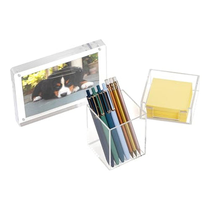 Mind Reader 3-Piece Desk Organizer Set, Pen Holder, Photo Frame and Sticky Note Tray, Desktop Organization, Office, Acrylic, Clear - size: 3-Piece Desk Organizer Set