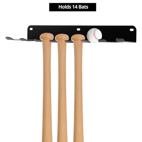 QWORK Heavy-Duty Steel Wall Mount Baseball Bat Holder, Powder-Coated Black, 14-Bat Capacity, with Gear Hooks, Complete Installation Kit, Ideal for Home, Garage and Dugout