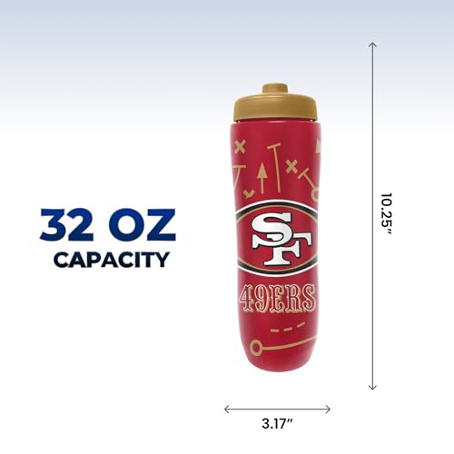 Party Animal NFL Football Squeeze Bottle, 32 oz, San Francisco 49ers | Slim, lightweight BPA-free sports water bottle with quick-flow squeeze; fits backpacks & cup holders for kids or adults - color: San Francisco 49ers