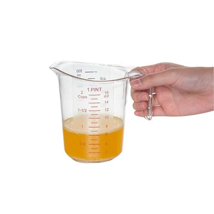 Restaurantware RW Base 1 Pint Measuring Jar 1 Durable Measuring Beaker - Metric And Imperial Units V-Shaped Spout Clear Plastic Measuring Cup Handle With Thumb-Grip Tolerates Up To 248F - color: Clear, size: 5.25" × 3.75" × 5.00"