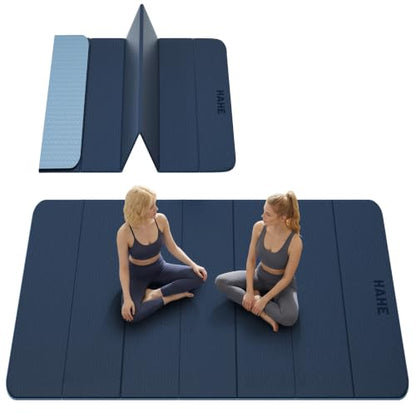 HAHE Extra Wide Folding Exercise Mat 75"x40"x0.4" TPE Fitness Mat | High Density Foldable Yoga Mat, Non-Slip Yoga Mat for Home Gym, Strength Training, Travel, 7-Fold Portable for Women, Men - color: Navy Blue & Mist Blue