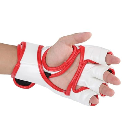 HERCHR MMA Gloves, Professional MMA Fingerless Gloves PU Leather Punching Bag Sanda Boxing Gloves for Punching Bag Sparring Muay Thai Karate - color: white red