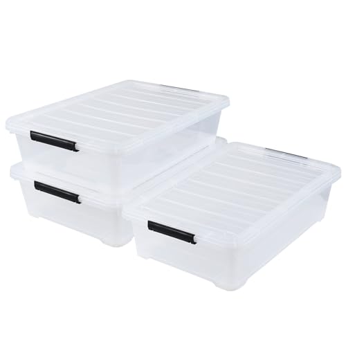 40 Quart Plastic Underbed Storage Box, Large Clear Shallow Box with Wheels Set of 3
