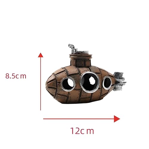 Brown Retro Floating Submarine Ornament for Aquarium - Cute Resin Hovering Decor, Safe Interactive Tank Accessory for Betta, Cichlids, Goldfish, Shrimp, Hermit Crabs