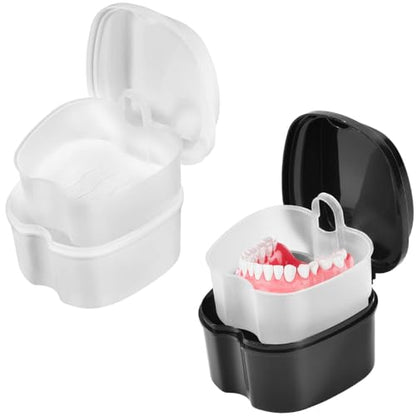 KISEER 2 Pack Colors Denture Bath Case Cup Box Holder Storage Soak Container with Strainer Basket for Travel Cleaning (White and Black) - color: White and Black