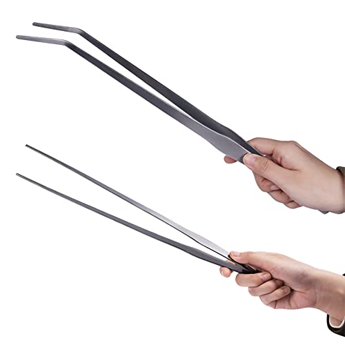Extra Long Handle Aquarium Tweezers Serving Tongs Feed clamp,2 Pack Stainless Steel Straight and Curved Tweezers Set for Fish Tank Plants Reptile Feeding Tongs（15 Inchs）