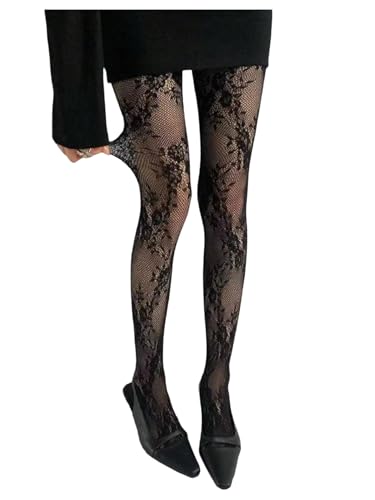 Women's Floral Lace Fishnet Tights Kawaii Y2K See Through Stockings Leggings - color: Floral Black, size: Small